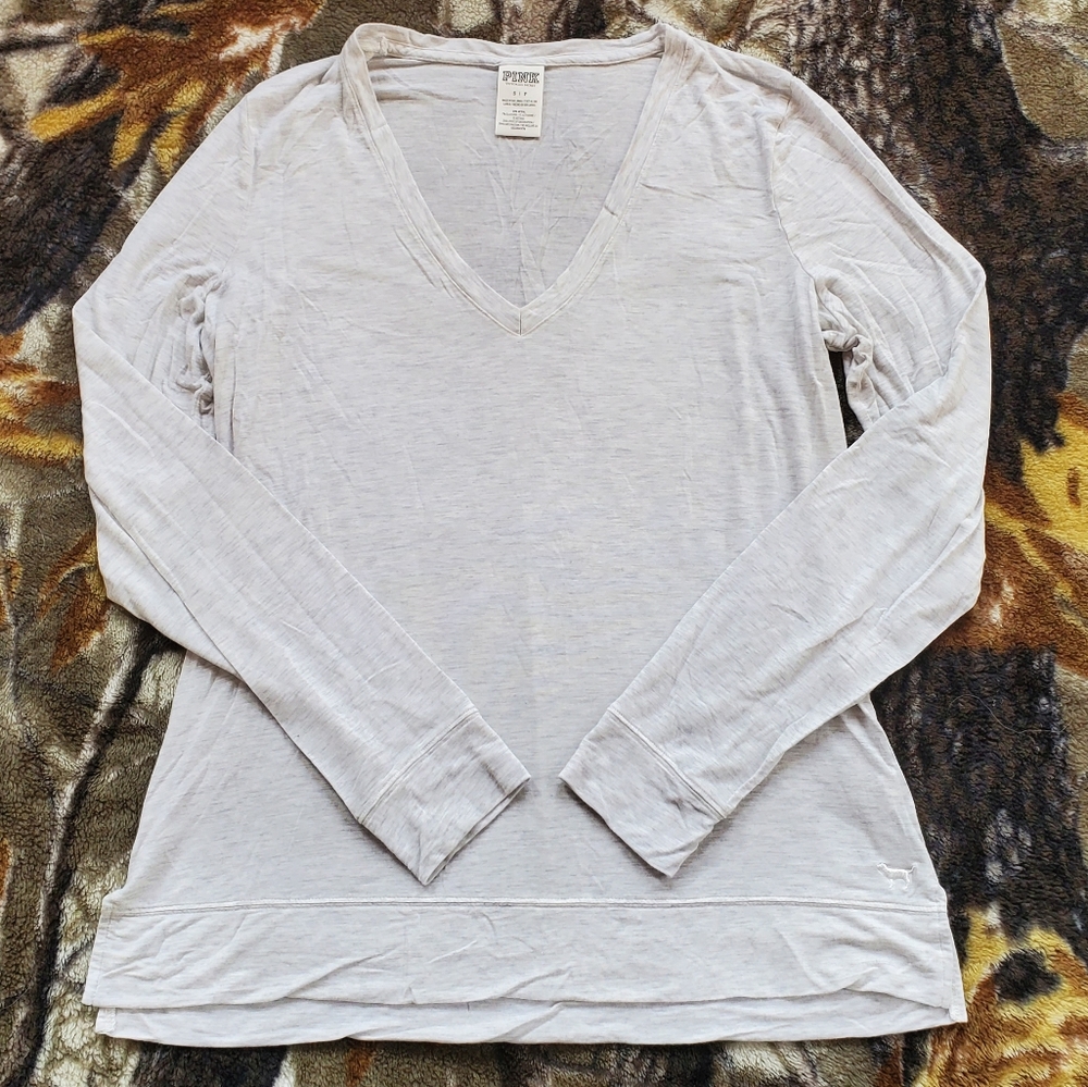Grey long sleeved PINK v neck t shirt